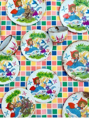 Vintage 1950s Children's Tea Set Tin Litho Little Red Riding Hood, Play Kitchen